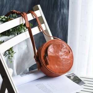 Vintage handmade artistic genuine leather round bag, top layer cowhide crossbody
